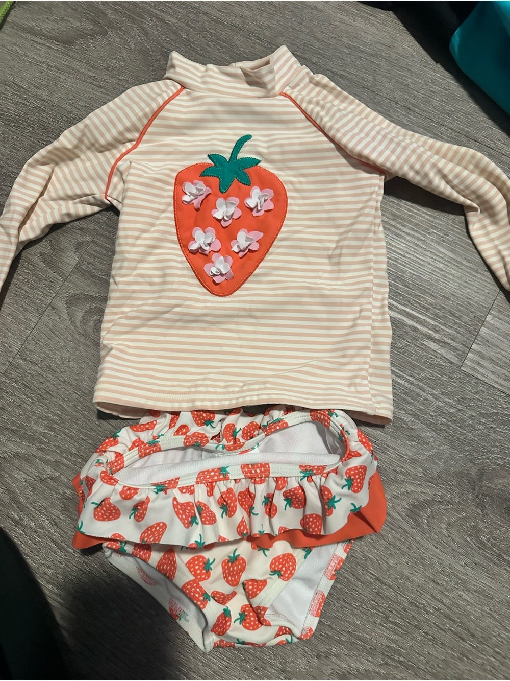 Baby Boden Cream & Coral Strawberry One-Piece Swim Set